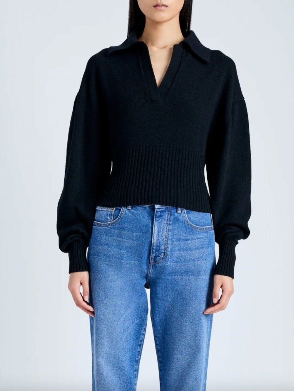 $890 Proenza Schouler Black Ribbed Short Jeanne Eco Polo Sweater size Medium